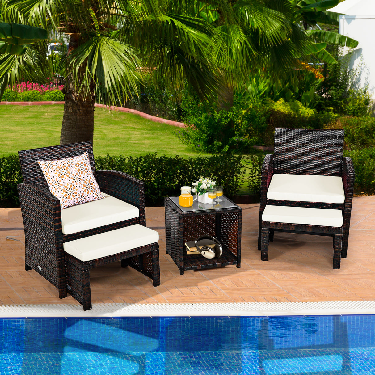 5 Pieces Patio Rattan Furniture Set with Ottoman and Tempered Glass Coffee Table
