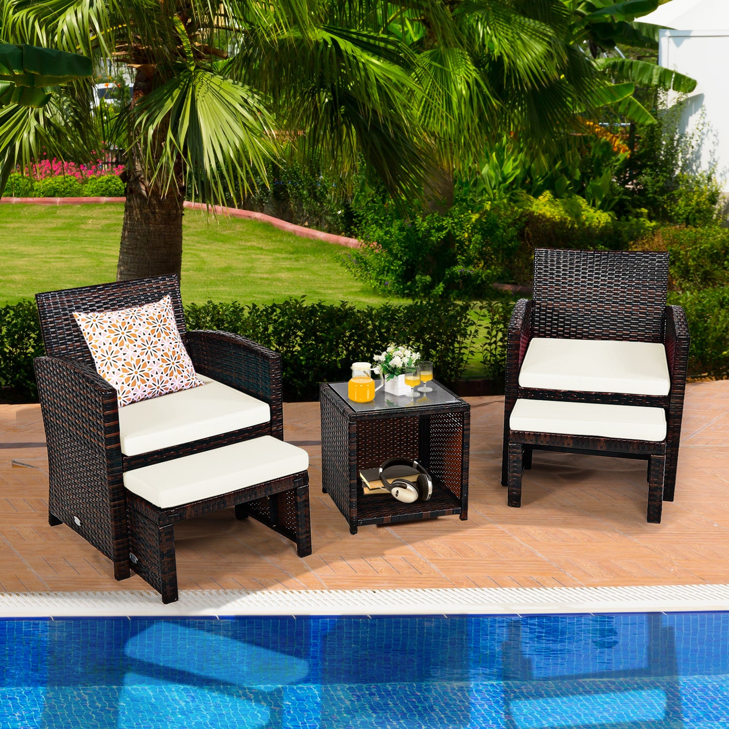 5 Pieces Patio Rattan Furniture Set with Ottoman and Tempered Glass Coffee Table