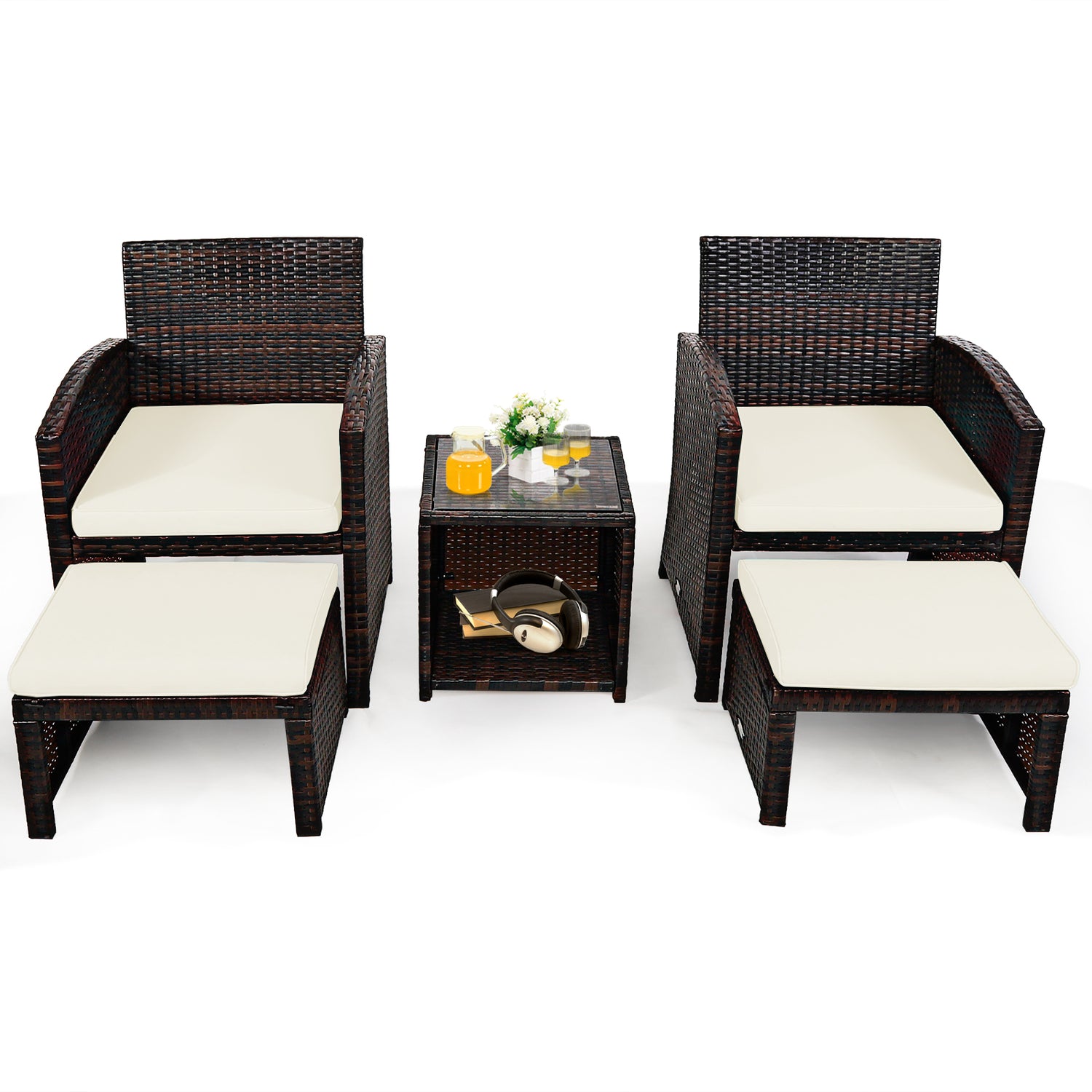 5 Pieces Patio Rattan Furniture Set with Ottoman and Tempered Glass Coffee Table