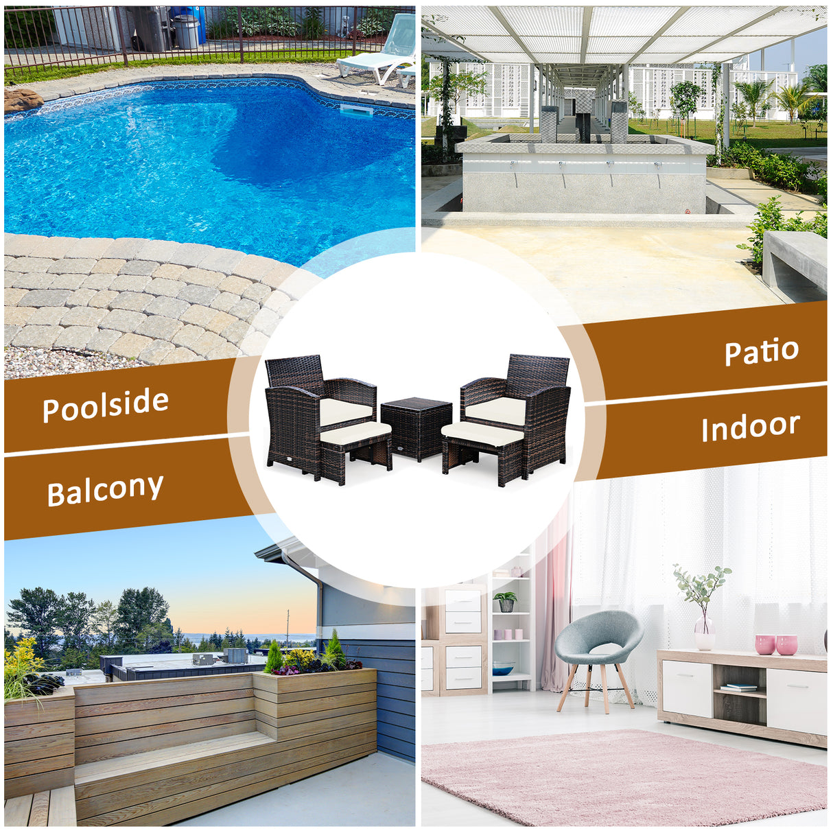 5 Pieces Patio Rattan Furniture Set with Ottoman and Tempered Glass Coffee Table