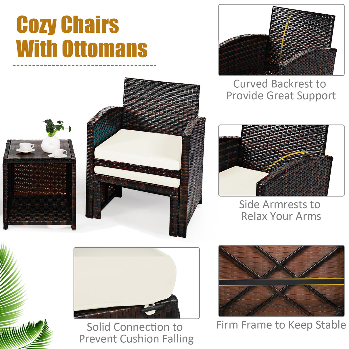 5 Pieces Patio Rattan Furniture Set with Ottoman and Tempered Glass Coffee Table