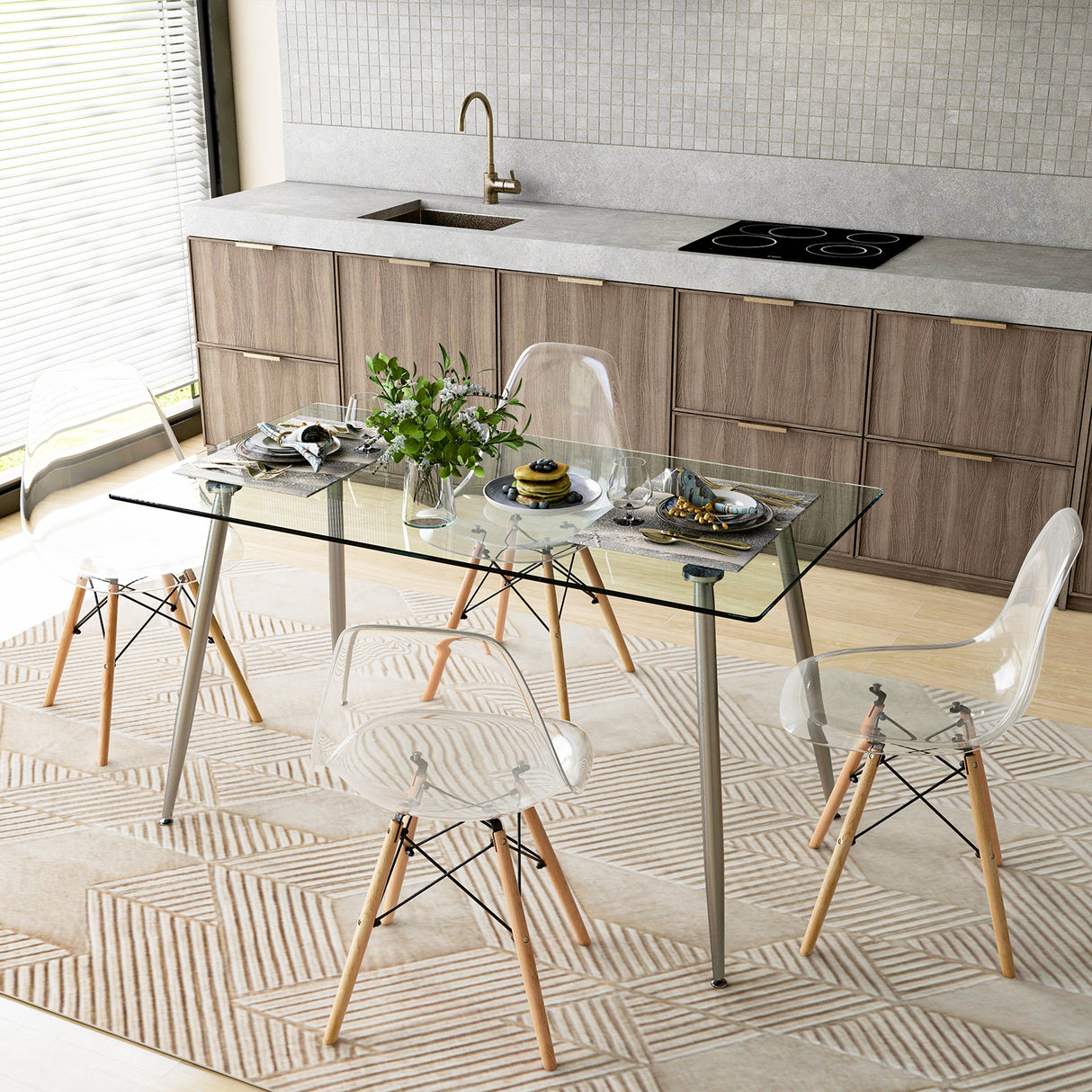 5 Pieces Rectangle Dining Table Set with 51 Inch Glass Tabletop