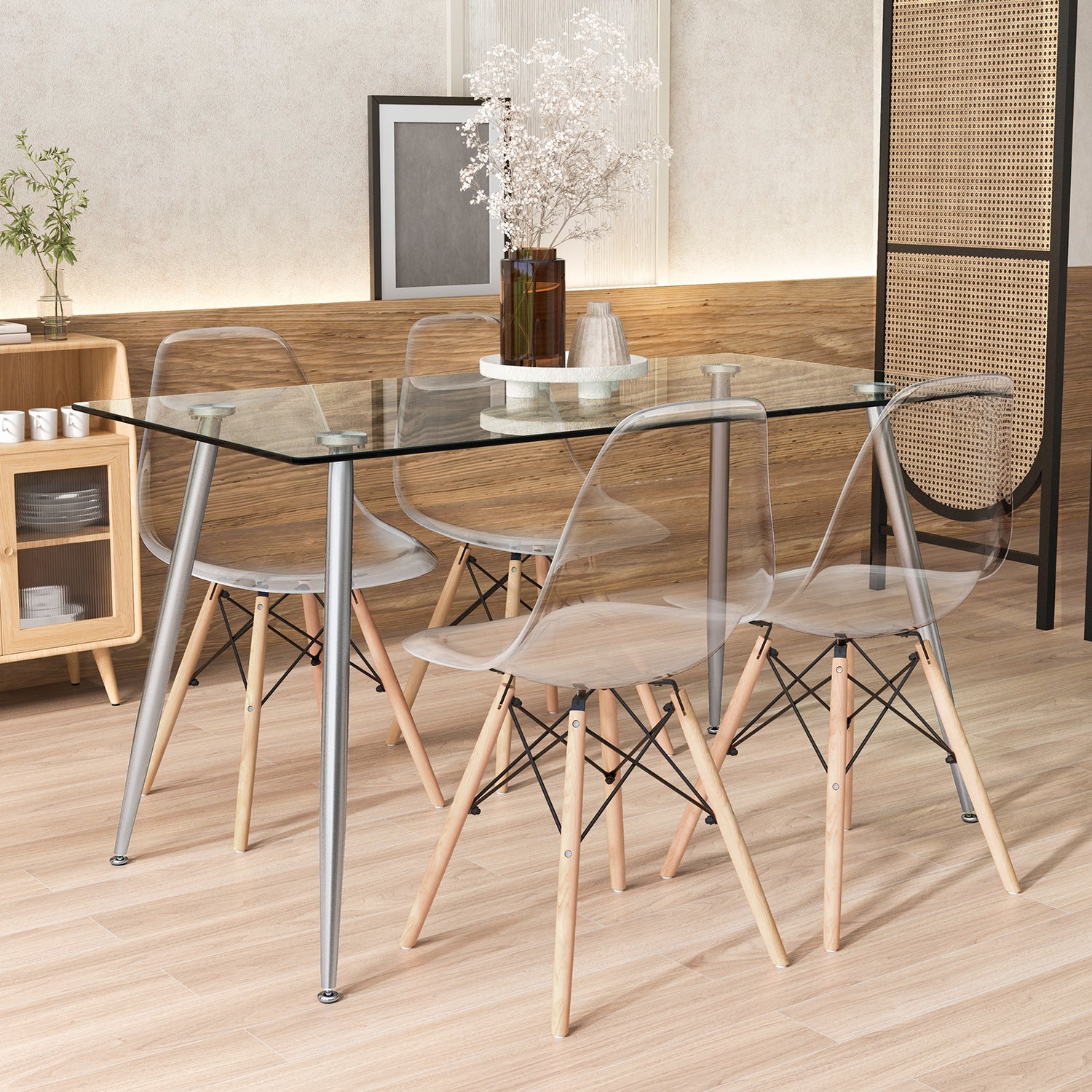 5 Pieces Rectangle Dining Table Set with 51 Inch Glass Tabletop
