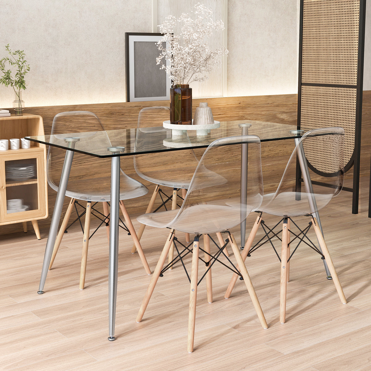 5 Pieces Rectangle Dining Table Set with 51 Inch Glass Tabletop
