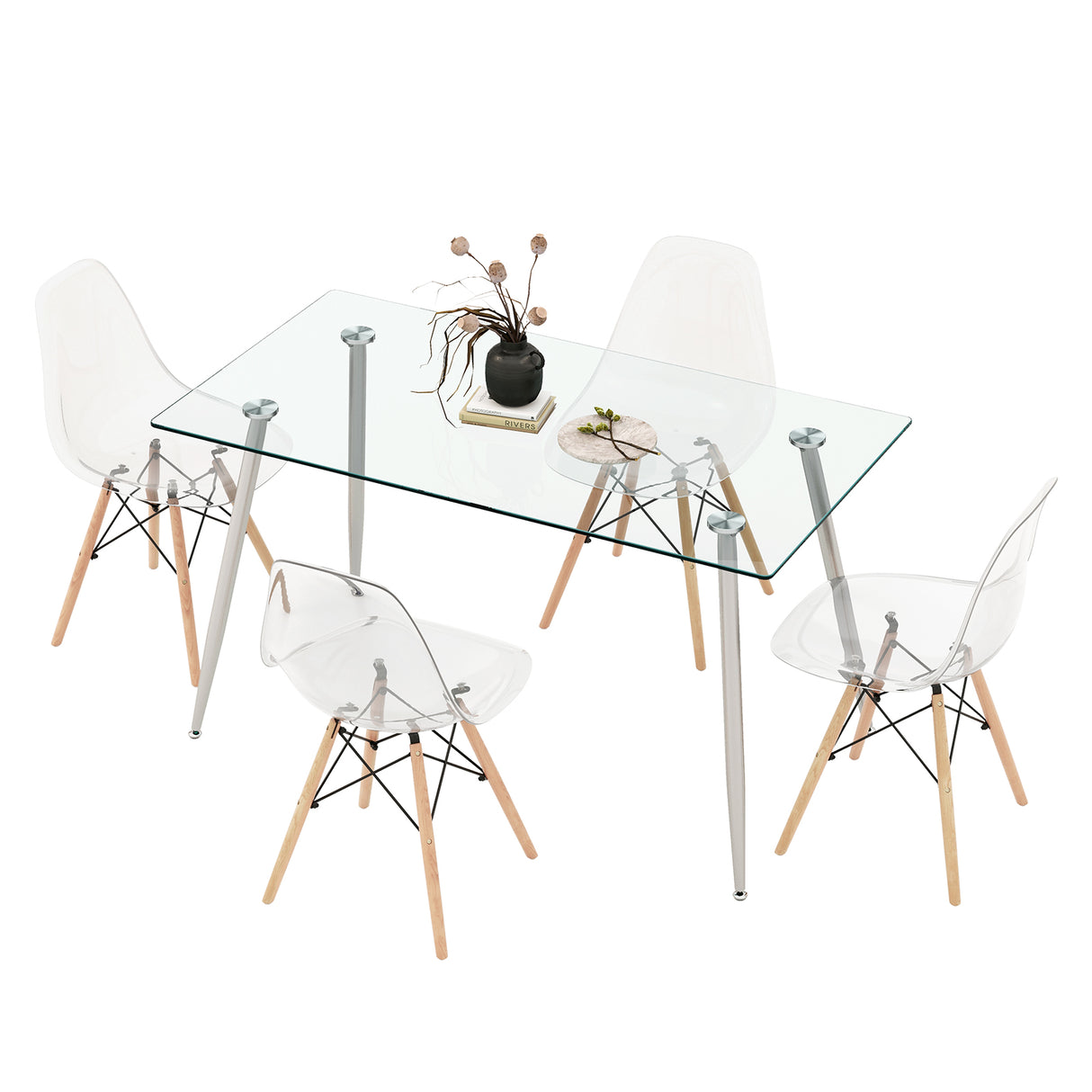 5 Pieces Rectangle Dining Table Set with 51 Inch Glass Tabletop