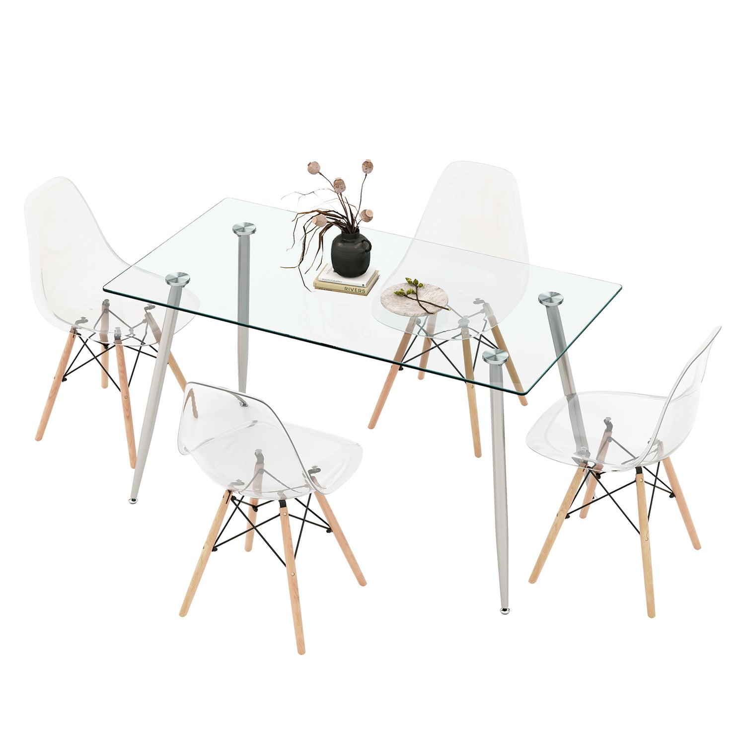5 Pieces Rectangle Dining Table Set with 51 Inch Glass Tabletop