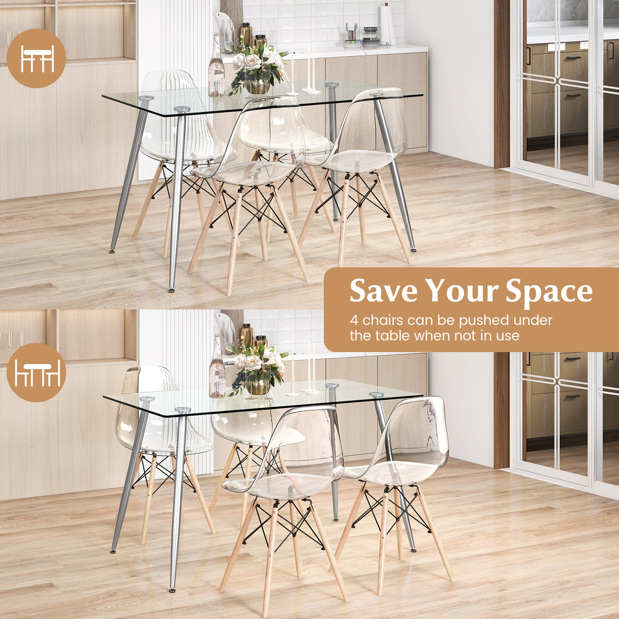 5 Pieces Rectangle Dining Table Set with 51 Inch Glass Tabletop