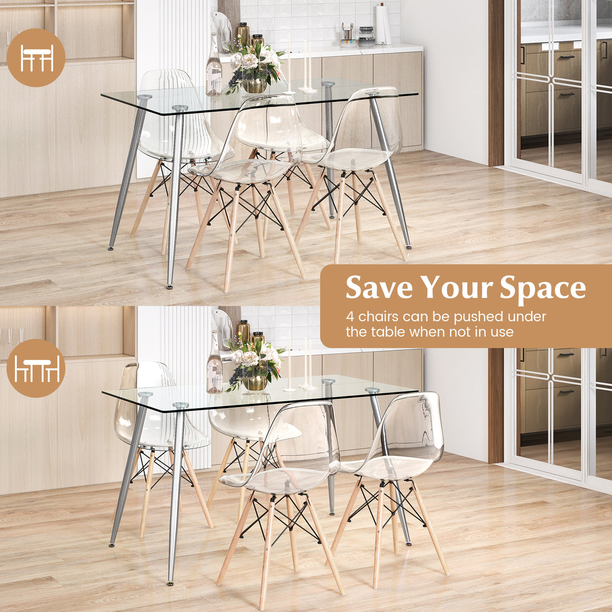 5 Pieces Rectangle Dining Table Set with 51 Inch Glass Tabletop