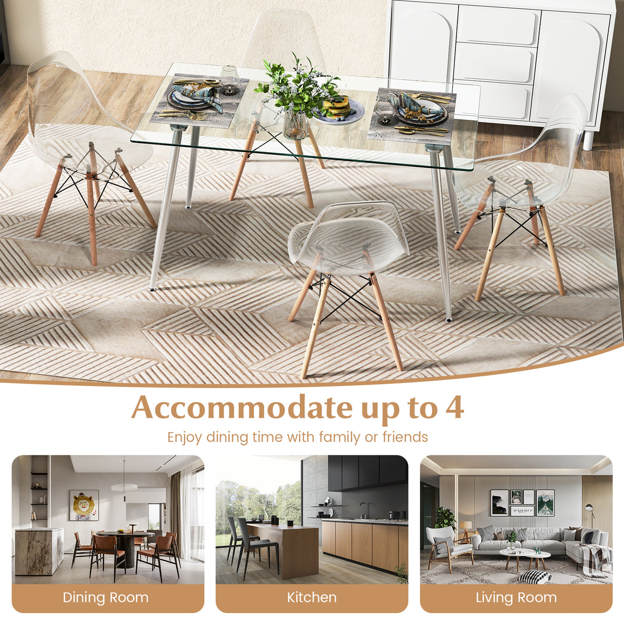 5 Pieces Rectangle Dining Table Set with 51 Inch Glass Tabletop