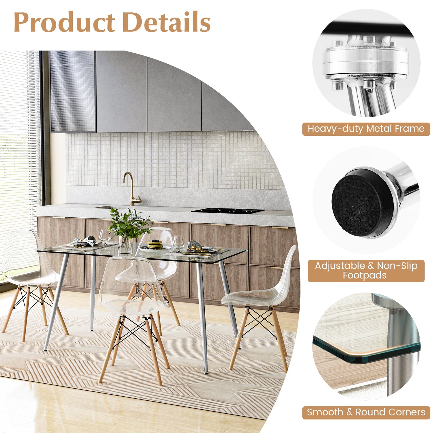 5 Pieces Rectangle Dining Table Set with 51 Inch Glass Tabletop