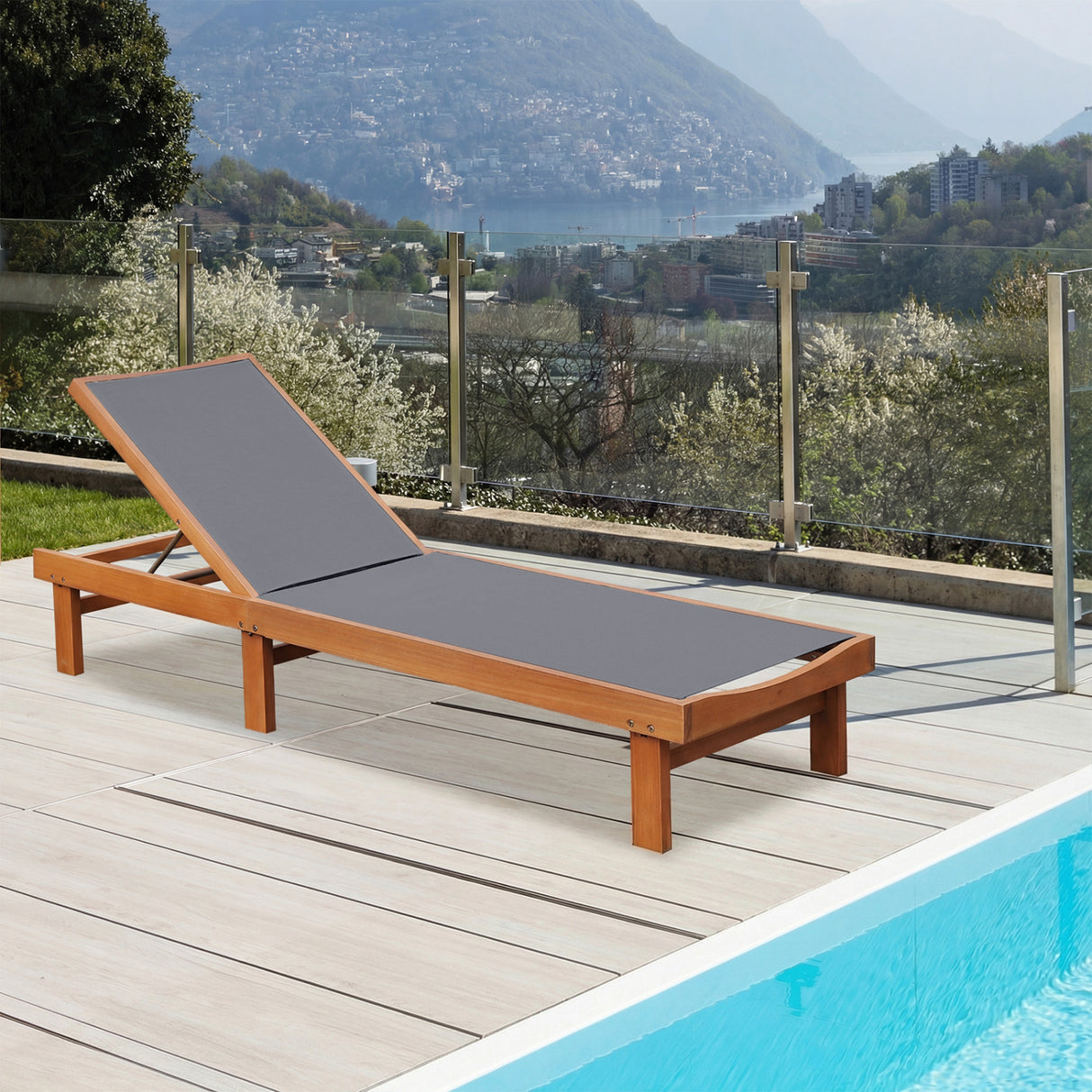 5-Postion Backrest Adjustable Outdoor Wood Chaise Lounge Chair-2