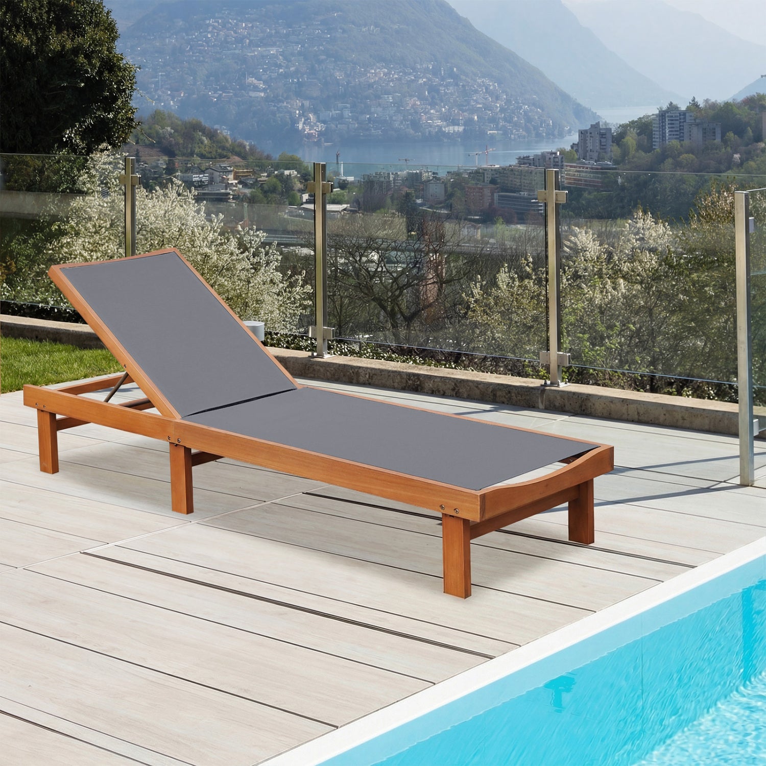 5-Postion Backrest Adjustable Outdoor Wood Chaise Lounge Chair-2