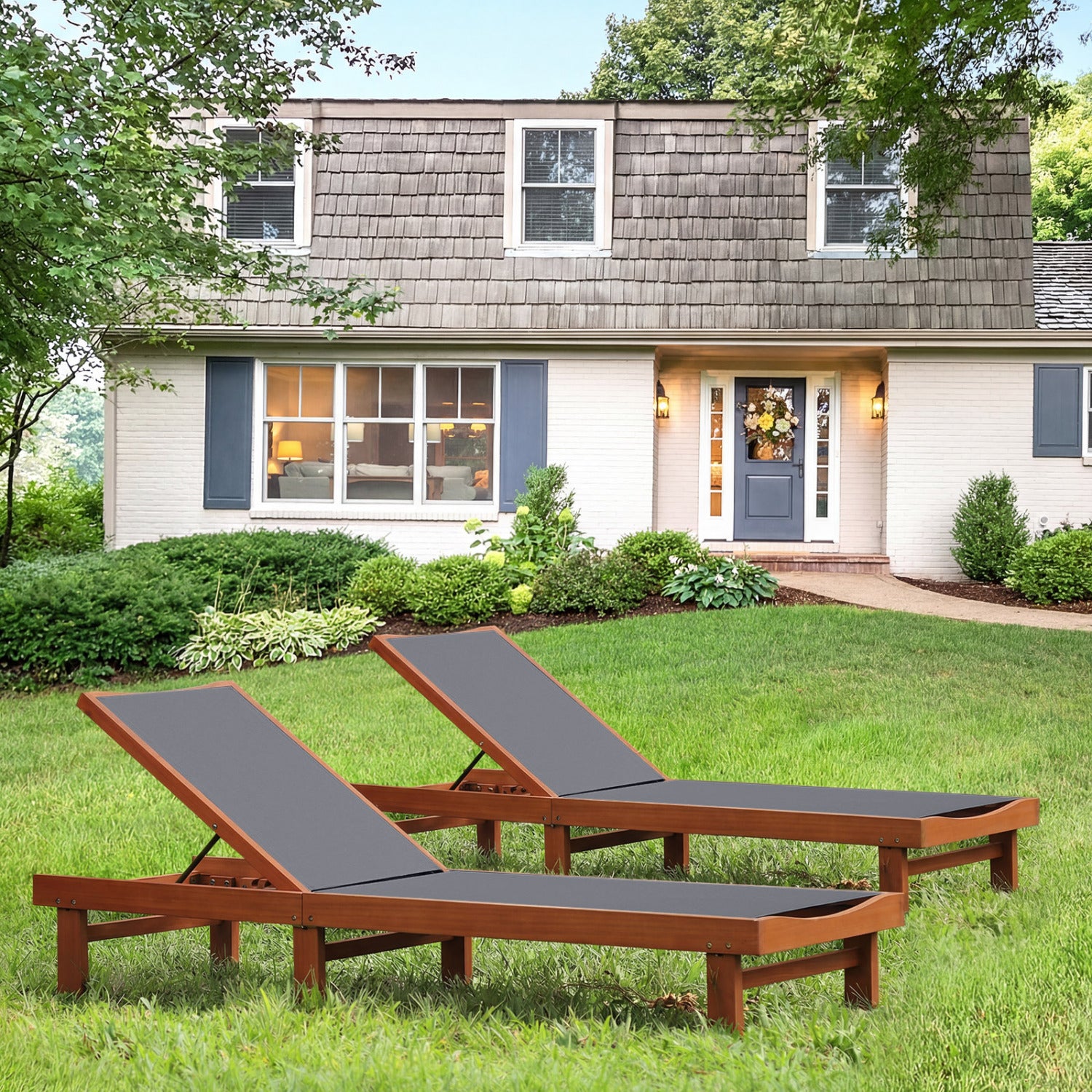5-Postion Backrest Adjustable Outdoor Wood Chaise Lounge Chair-2