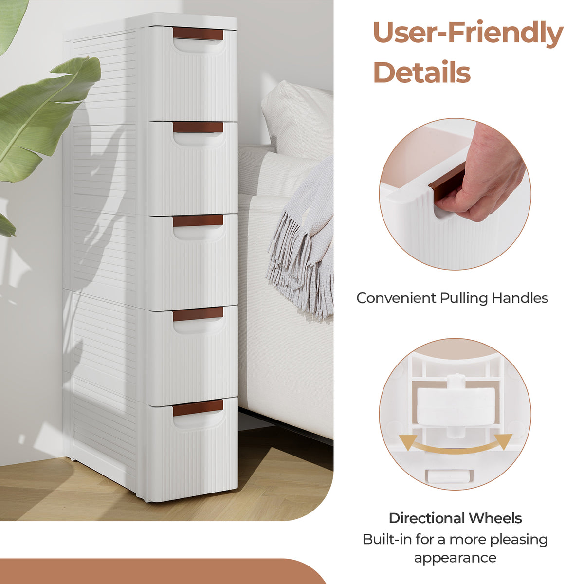 3/4/5/6-Drawer Rolling Organizer Unit Narrow Storage Cabinet with Built-In Wheels for Small Space-3