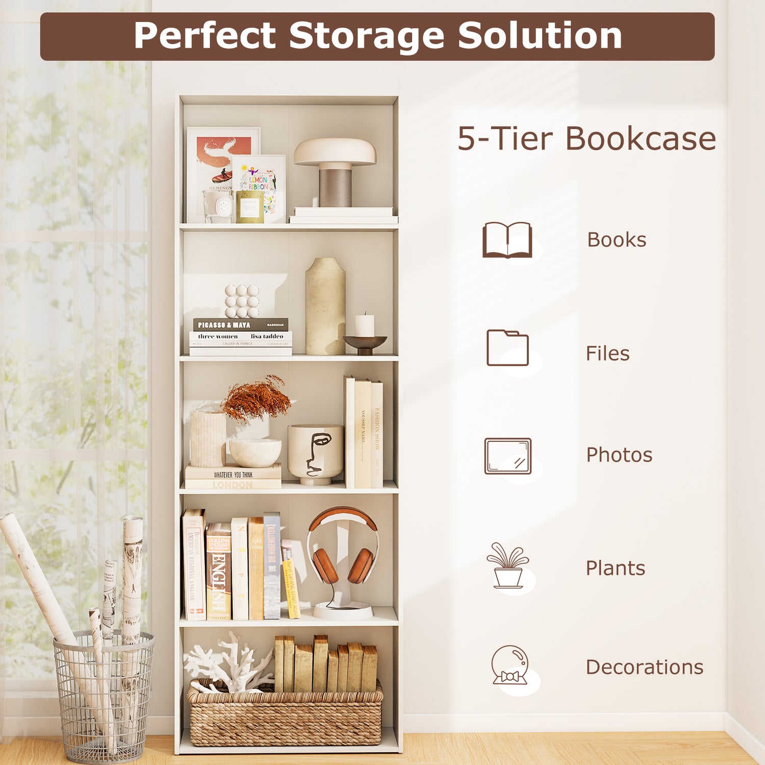 5-Shelf Storage Bookcase Modern Multi-Functional Display Cabinet Furniture
