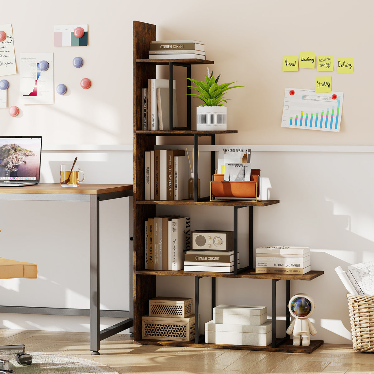 5-Tier 62 Inch Tall Stepped Bookshelf with Heavy Duty Metal Frame-Rustic Brown