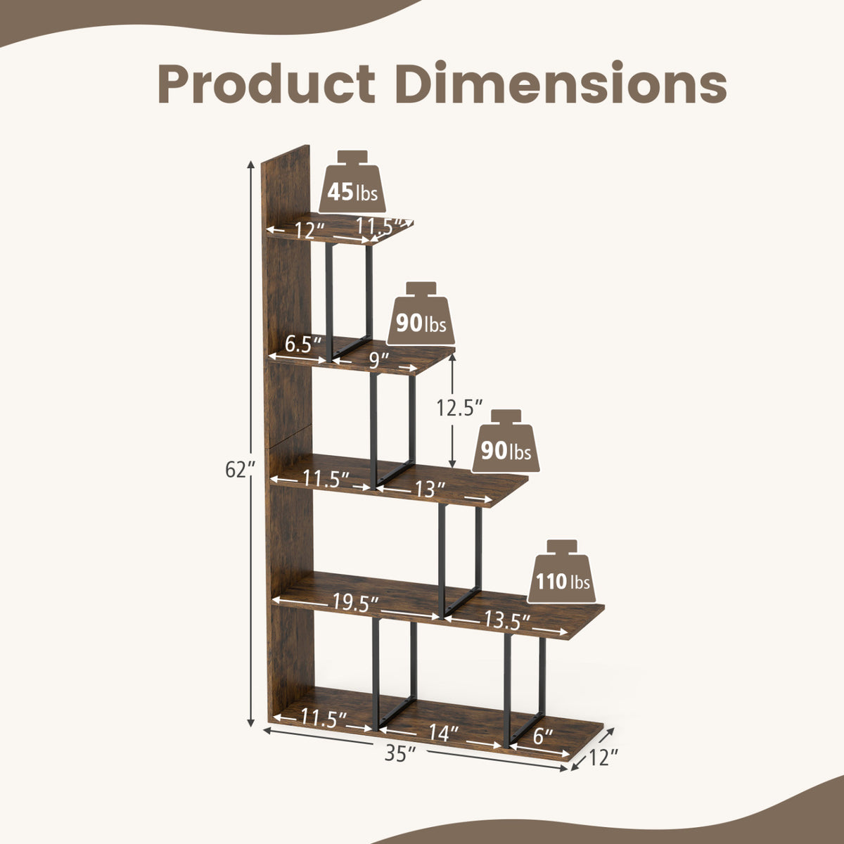 5-Tier 62 Inch Tall Stepped Bookshelf with Heavy Duty Metal Frame-Rustic Brown
