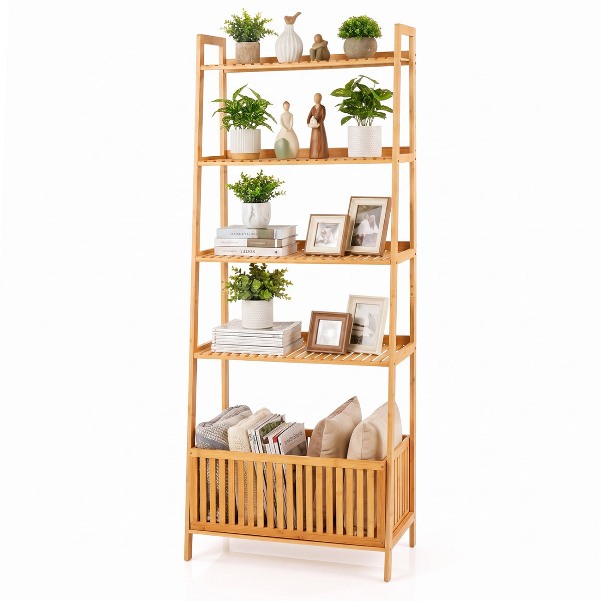 5-Tier Bamboo Ladder Shelf with Display Shelves and Open Storage Basket-Natural