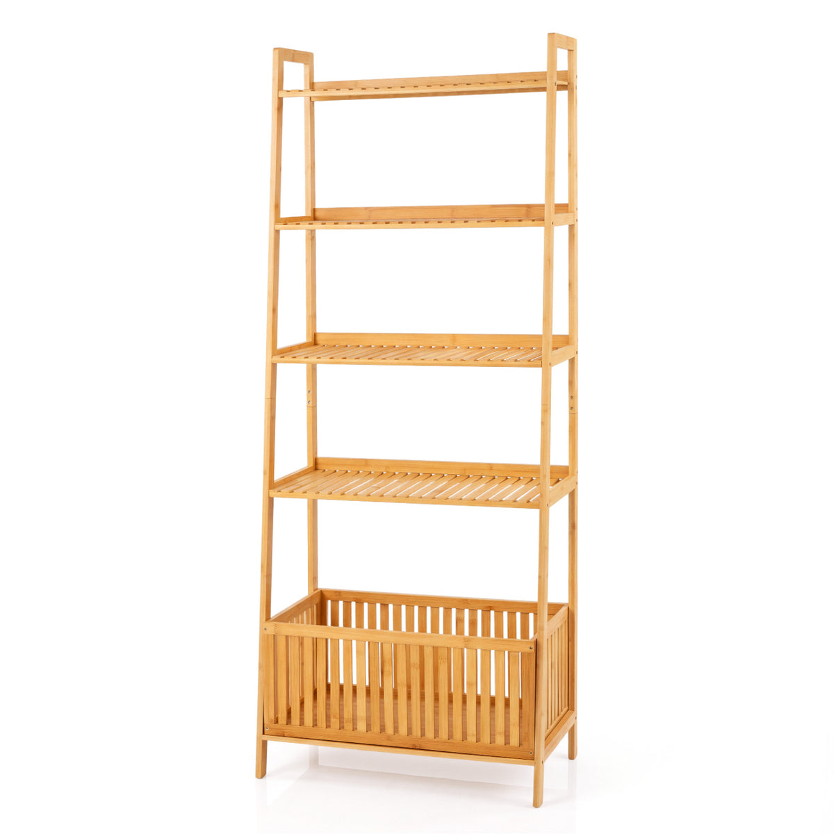 5-Tier Bamboo Ladder Shelf with Display Shelves and Open Storage Basket-Natural