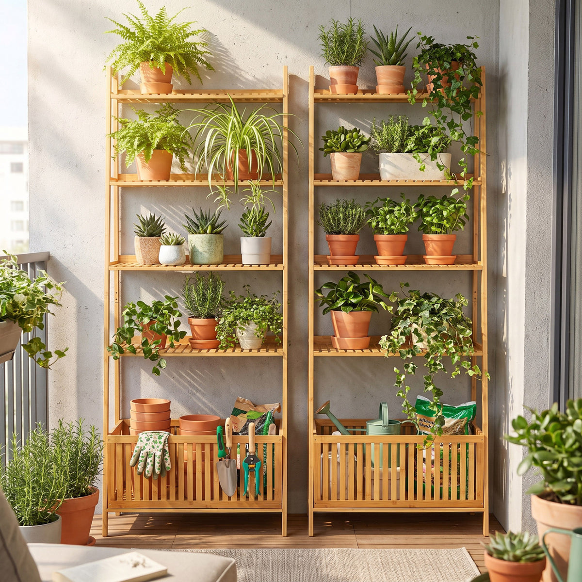 5-Tier Bamboo Ladder Shelf with Display Shelves and Open Storage Basket-Natural