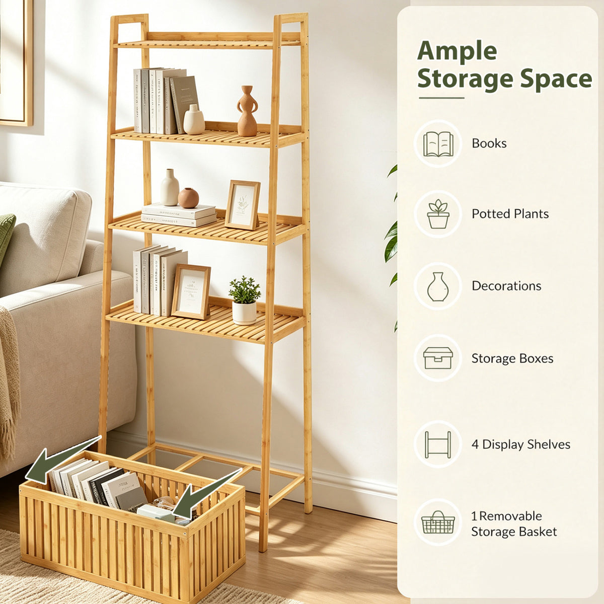 5-Tier Bamboo Ladder Shelf with Display Shelves and Open Storage Basket-Natural