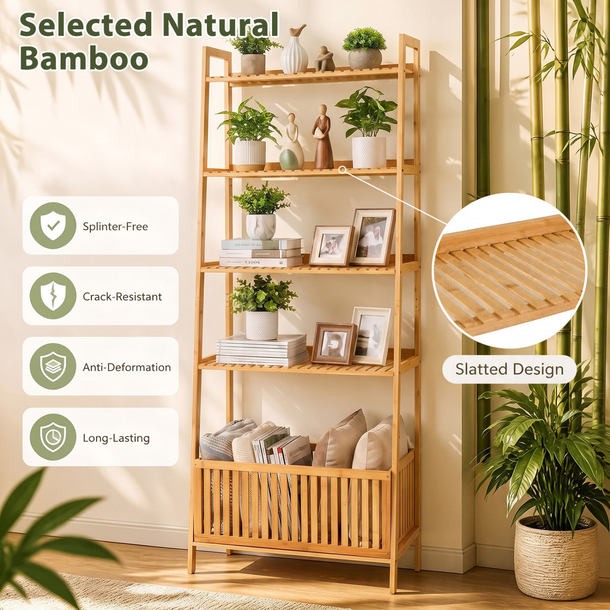 5-Tier Bamboo Ladder Shelf with Display Shelves and Open Storage Basket-Natural