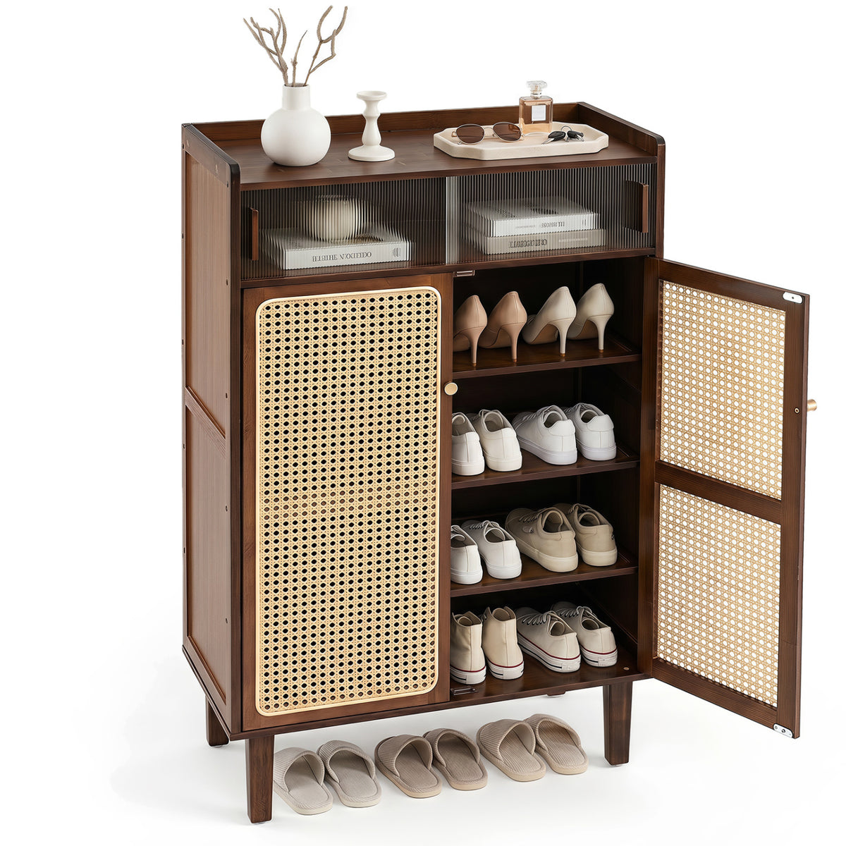 5-Tier Bamboo Shoe Cabinet with Woven Rattan Doors and Sliding Doors for Entryway-Walnut