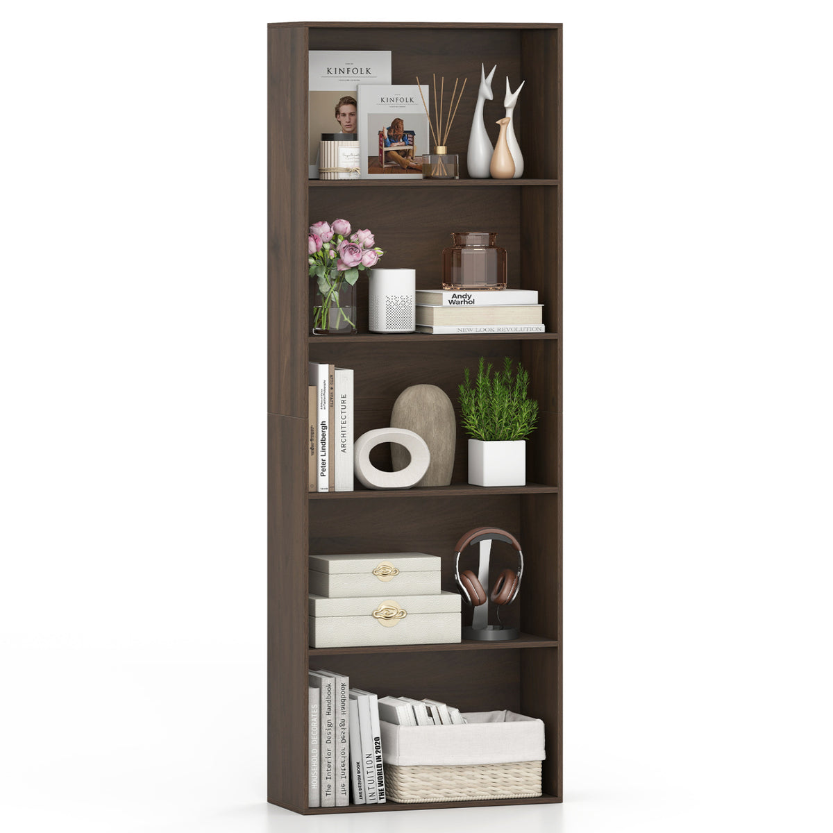 5-Tier Bookshelf Open Bookcase Freestanding Display Shelf Storage Organizer-Dark Walnut