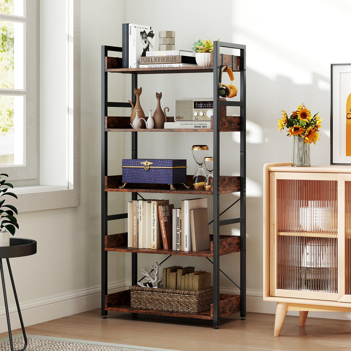 5-Tier Bookshelf with 4 Hooks Industrial Storage Bookcase-Rustic Brown
