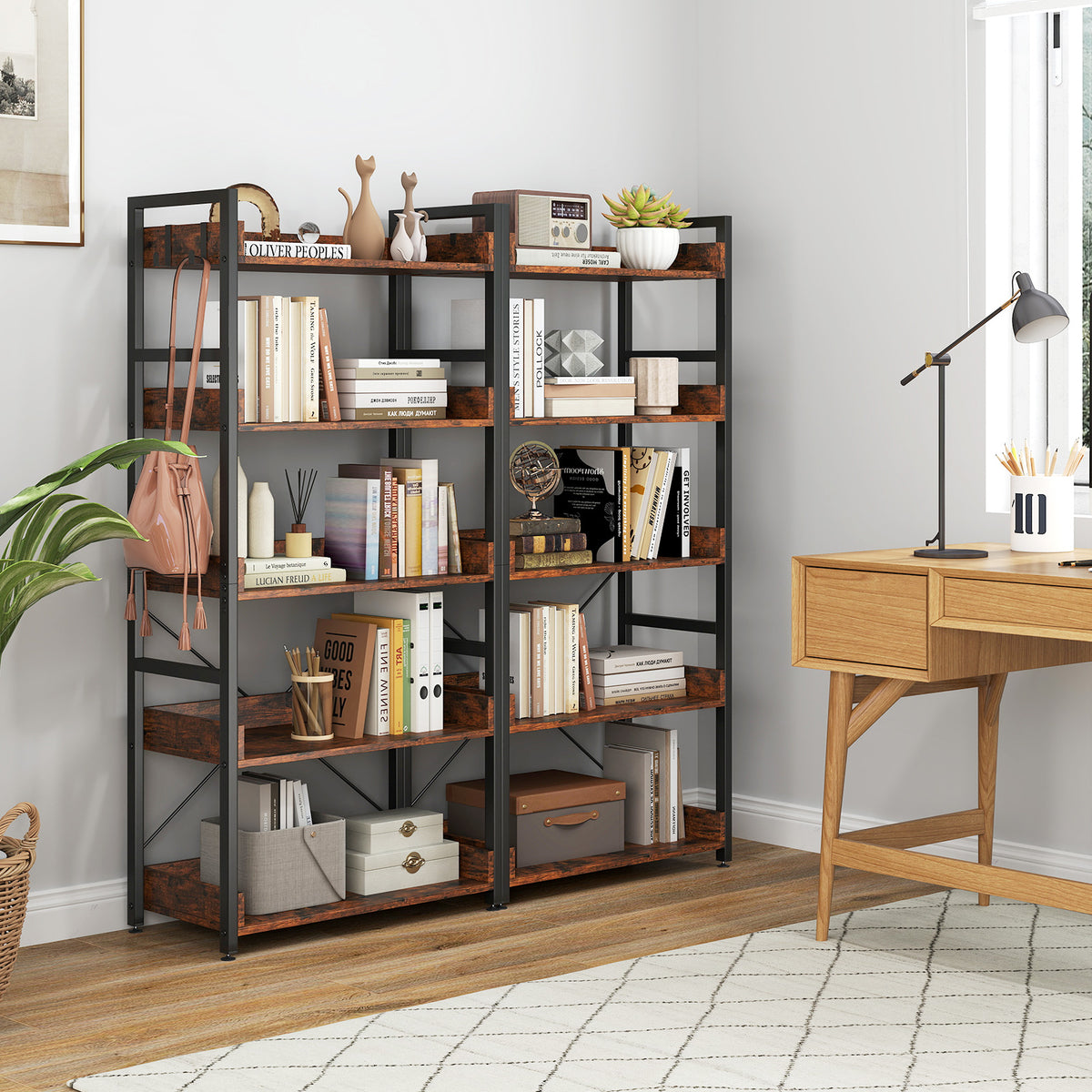 5-Tier Bookshelf with 4 Hooks Industrial Storage Bookcase-Rustic Brown
