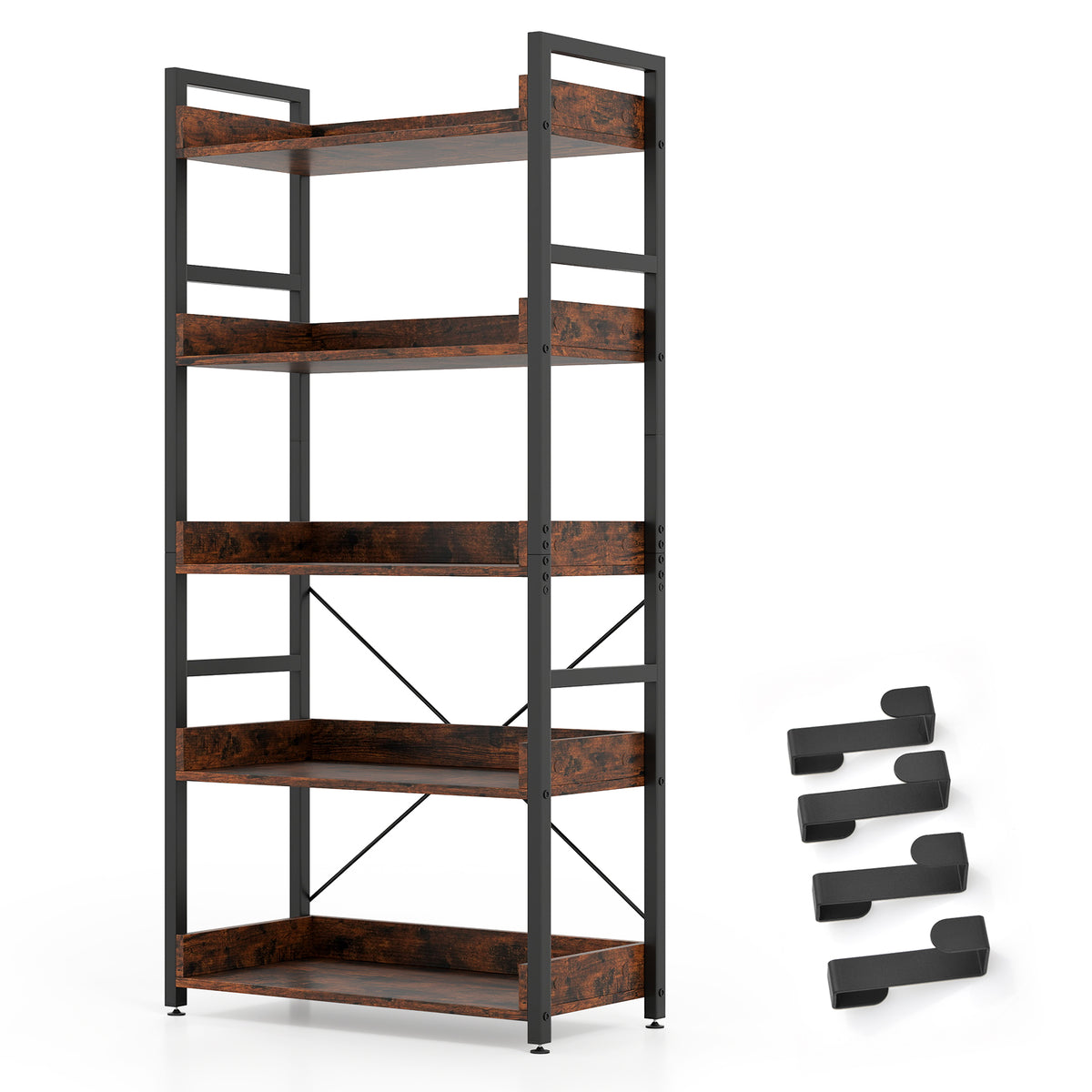 5-Tier Bookshelf with 4 Hooks Industrial Storage Bookcase-Rustic Brown