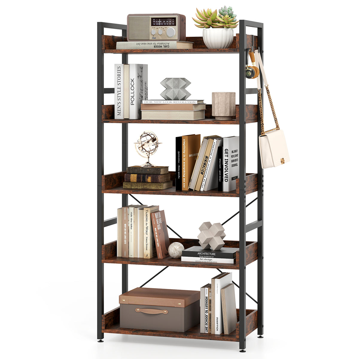 5-Tier Bookshelf with 4 Hooks Industrial Storage Bookcase-Rustic Brown