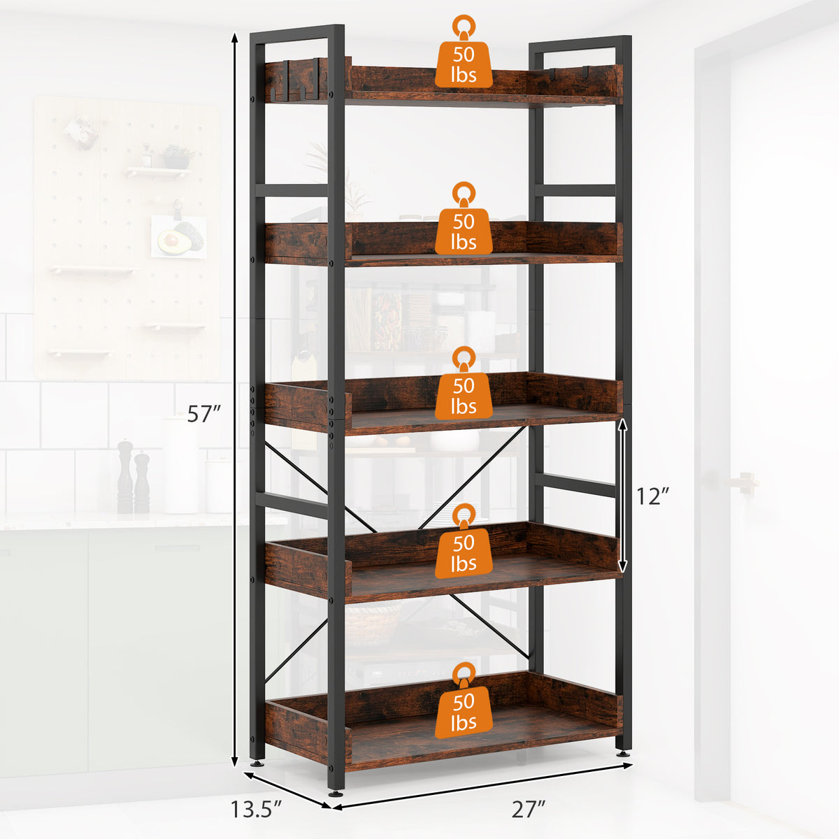 5-Tier Bookshelf with 4 Hooks Industrial Storage Bookcase-Rustic Brown