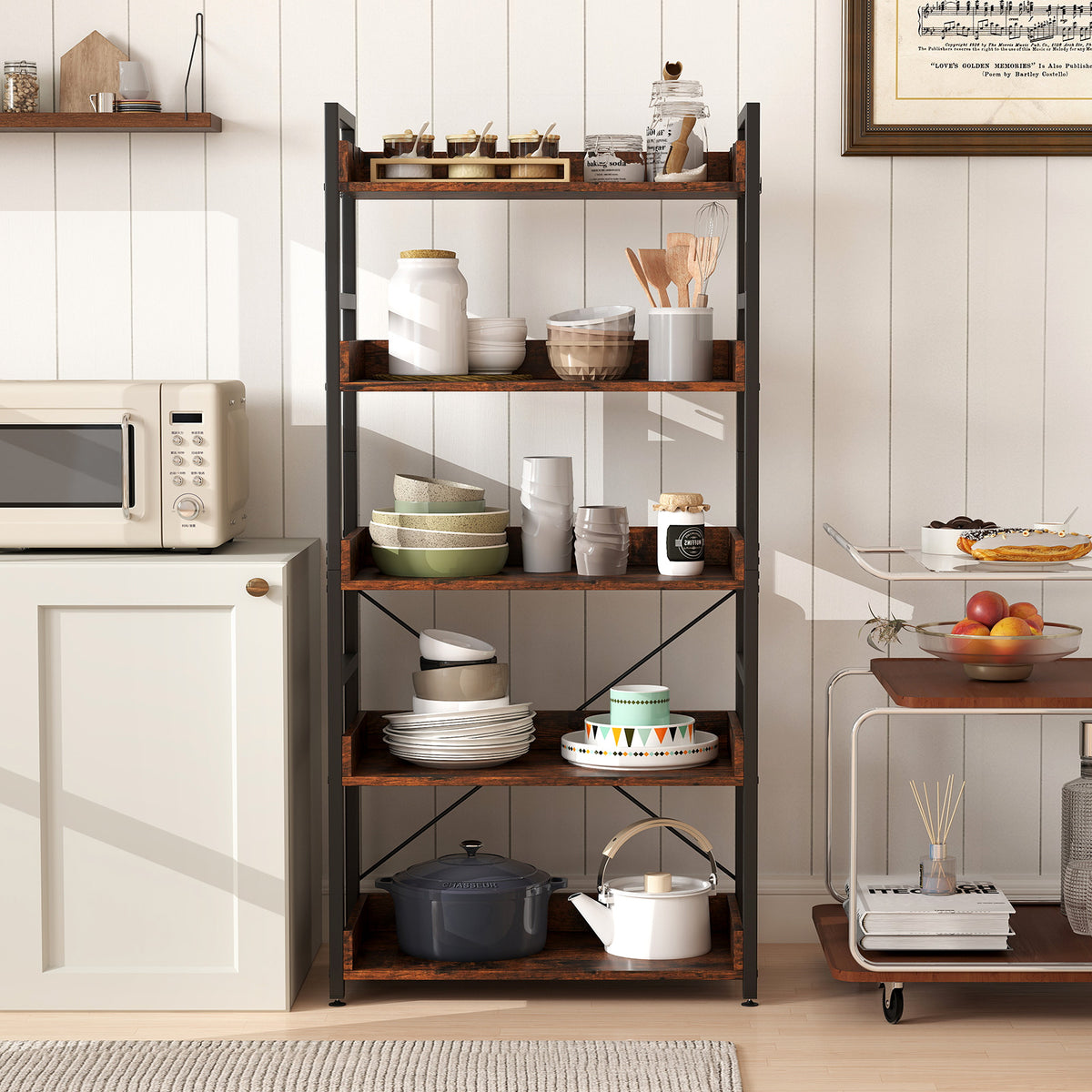 5-Tier Bookshelf with 4 Hooks Industrial Storage Bookcase-Rustic Brown