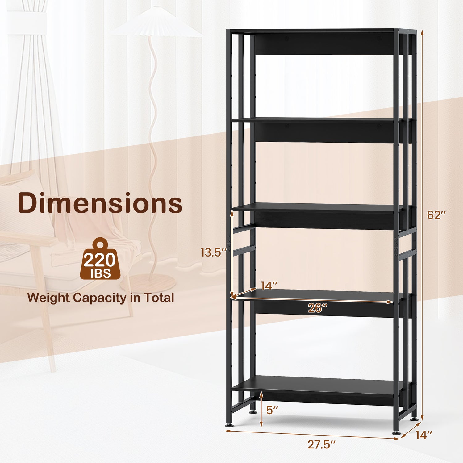 5-Tier Bookshelf with Adjustable and Tiltable Shelves