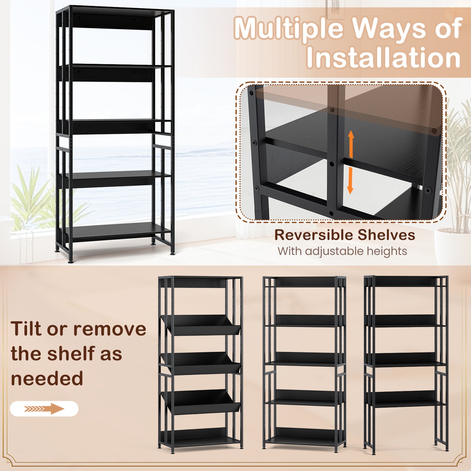 5-Tier Bookshelf with Adjustable and Tiltable Shelves