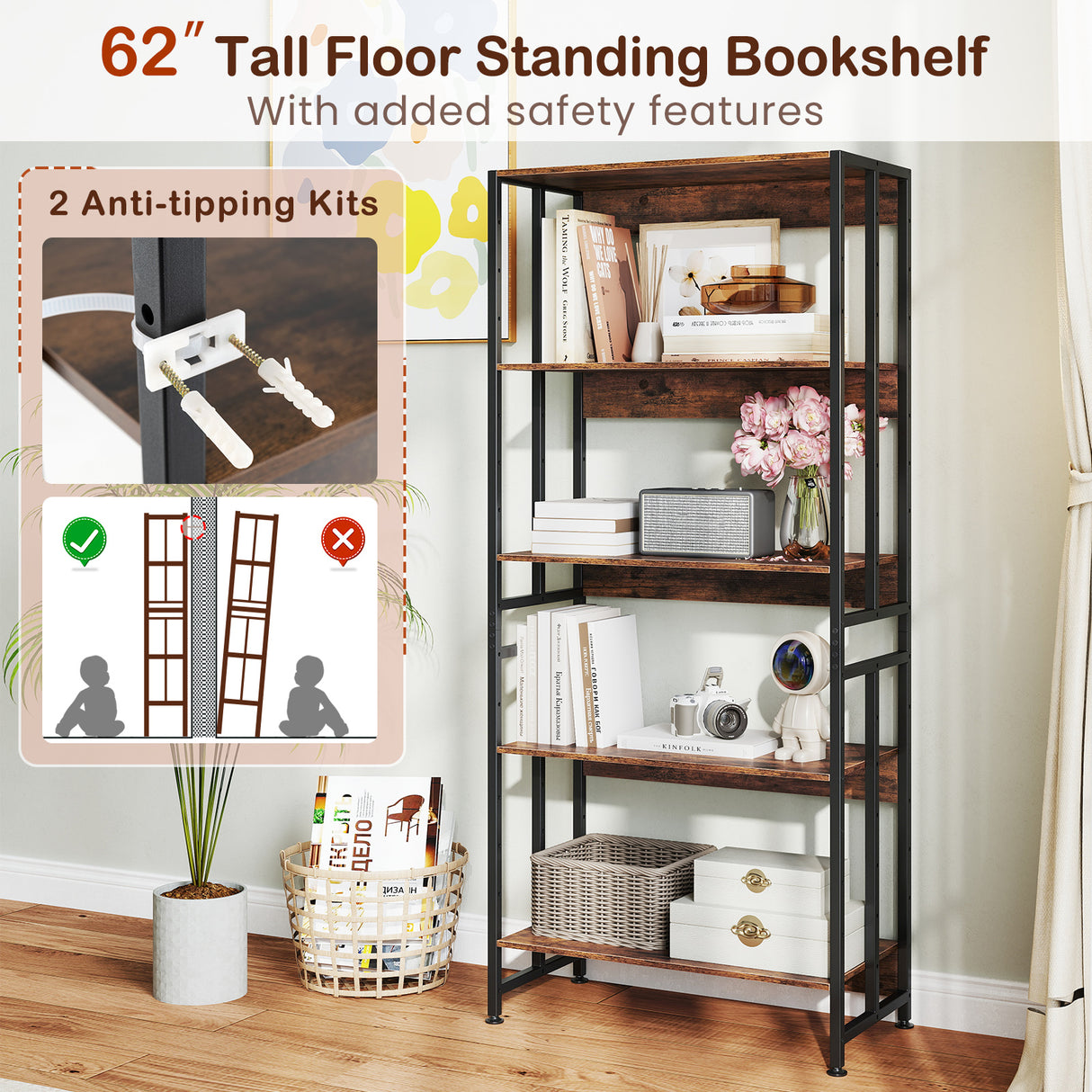 5-Tier Bookshelf with Adjustable and Tiltable Shelves