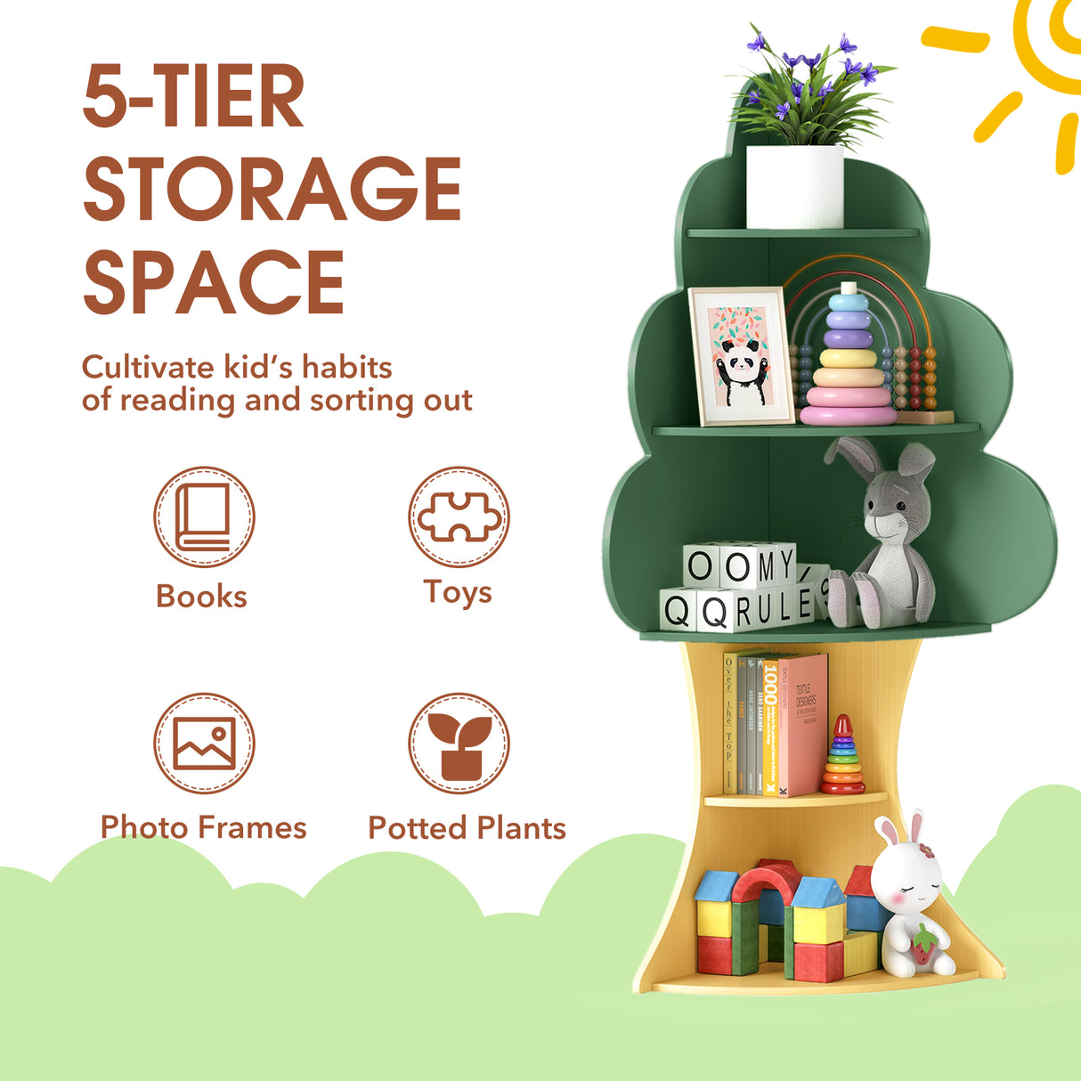 5-Tier Children Book Display Rack with Anti-toppling System-Green