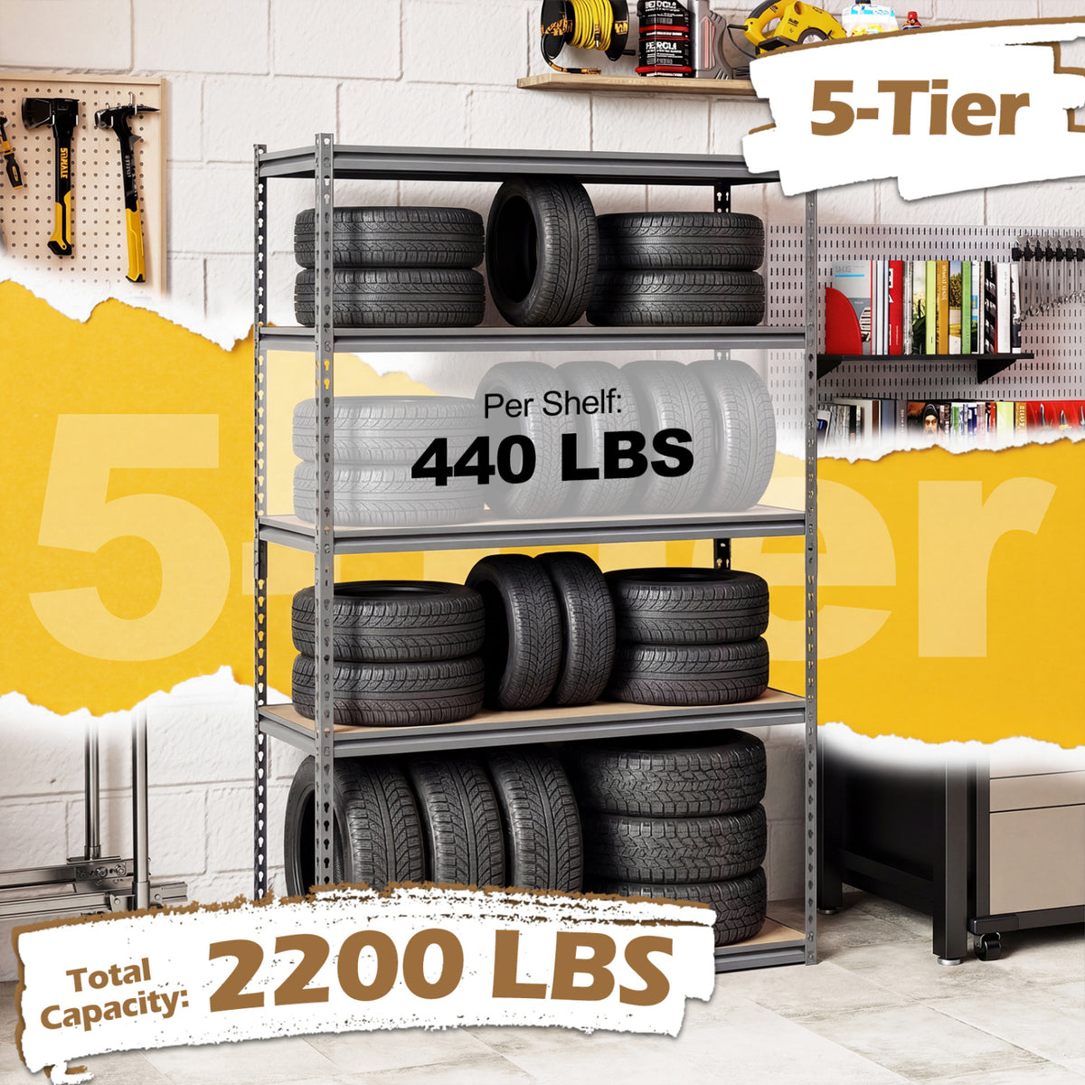 5-Tier Garage Shelving Unit 2200 LBS Metal Storage Shelves Adjustable Utility Rack for Warehouse-Set of 2