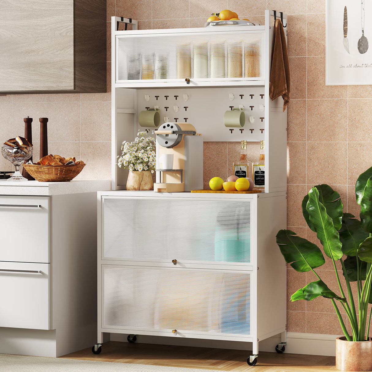 5 Tier Kitchen Bakers Rack with Lights Multifunctional Microwave Stand with Flip Door Cabinets