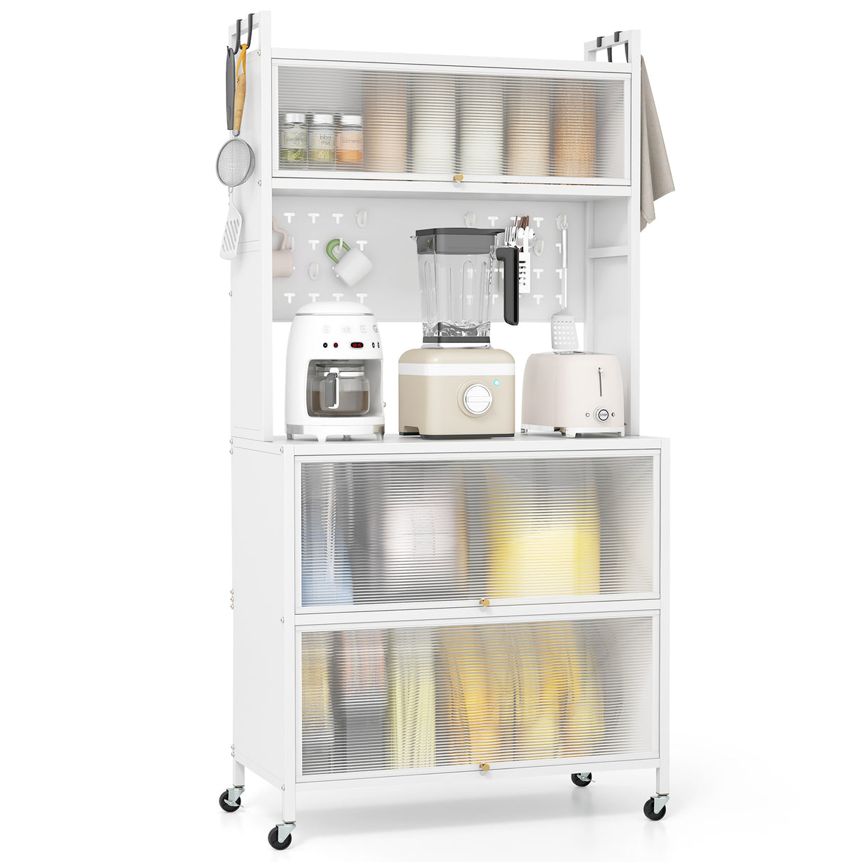 5 Tier Kitchen Bakers Rack with Lights Multifunctional Microwave Stand with Flip Door Cabinets
