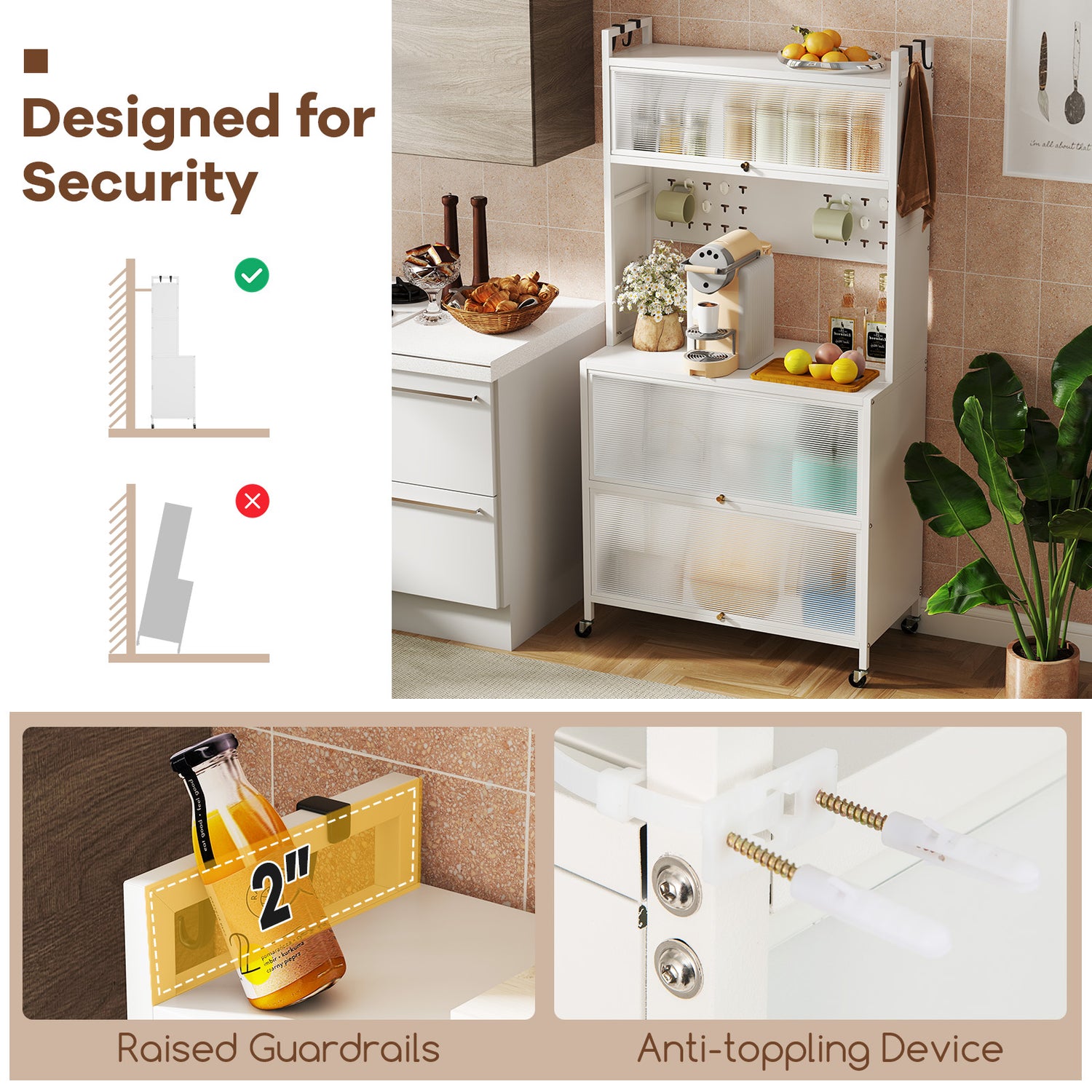 5 Tier Kitchen Bakers Rack with Lights Multifunctional Microwave Stand with Flip Door Cabinets