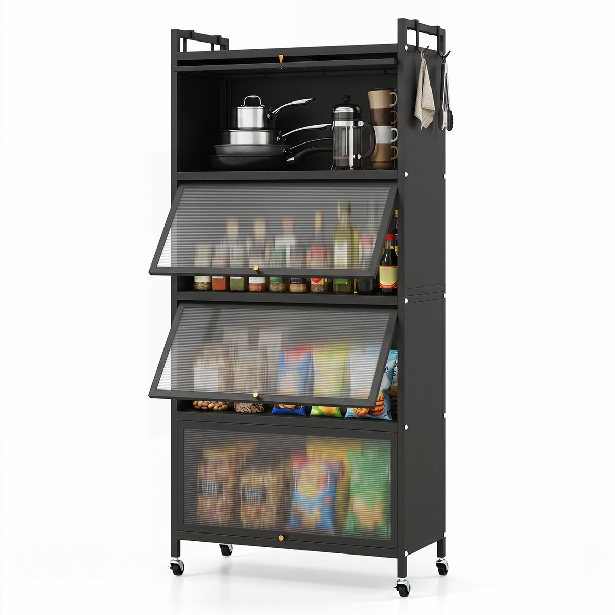 5-Tier Kitchen Storage Cabinet with 4 Flip-up PC Doors Adjustable Feet and Rolling Wheels