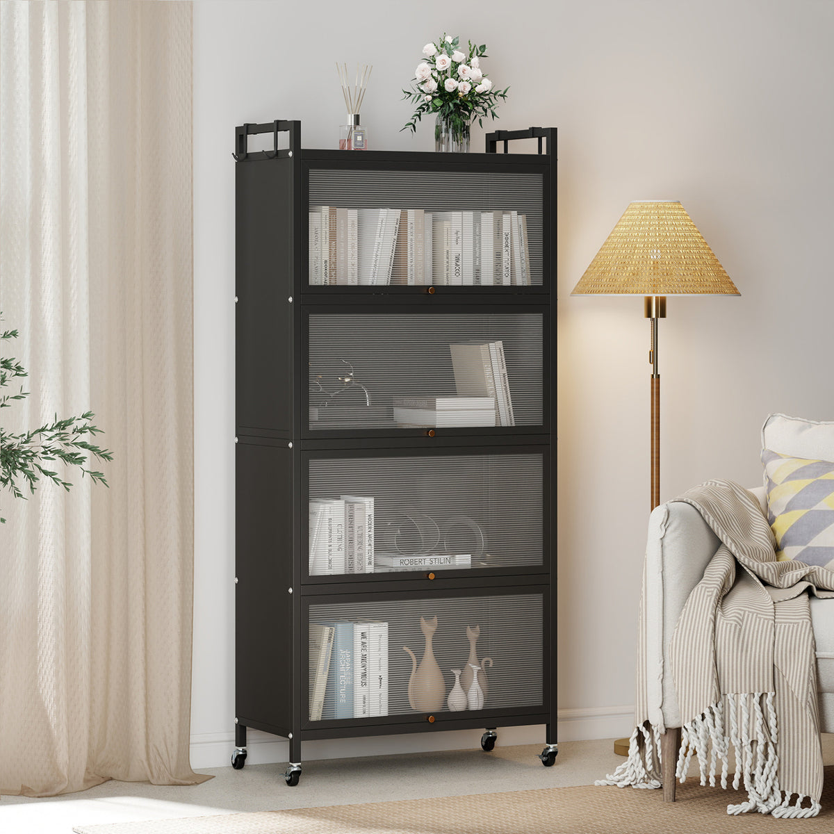 5-Tier Kitchen Storage Cabinet with 4 Flip-up PC Doors Adjustable Feet and Rolling Wheels
