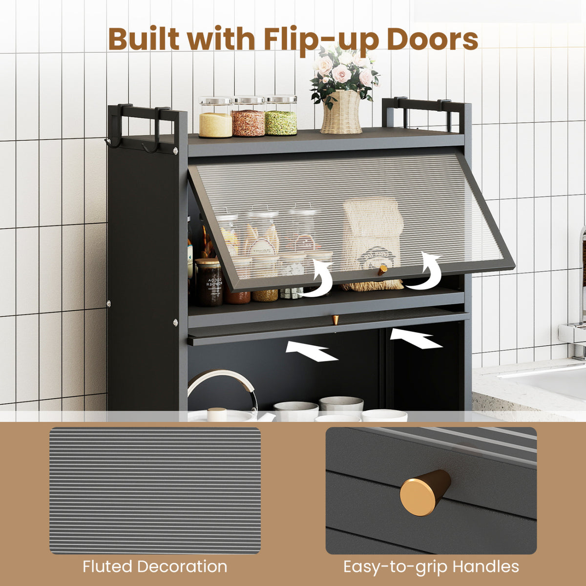5-Tier Kitchen Storage Cabinet with 4 Flip-up PC Doors Adjustable Feet and Rolling Wheels