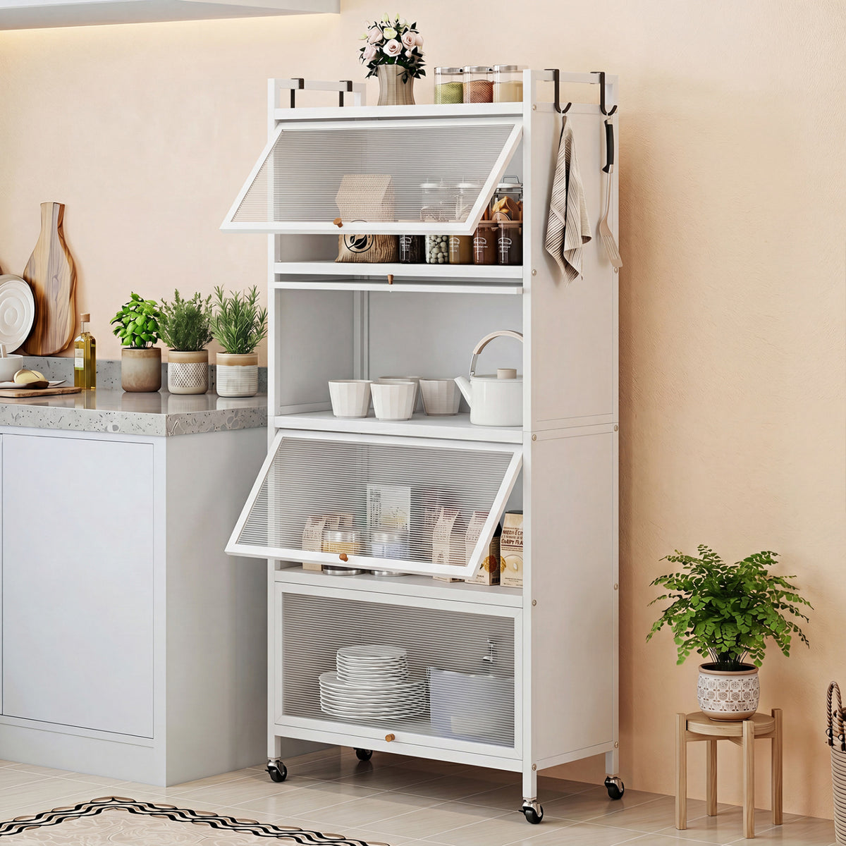5-Tier Kitchen Storage Cabinet with 4 Flip-up PC Doors Adjustable Feet and Rolling Wheels