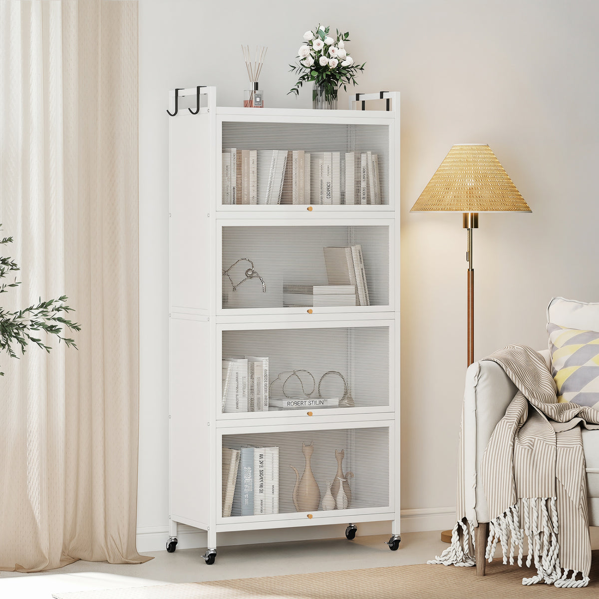 5-Tier Kitchen Storage Cabinet with 4 Flip-up PC Doors Adjustable Feet and Rolling Wheels