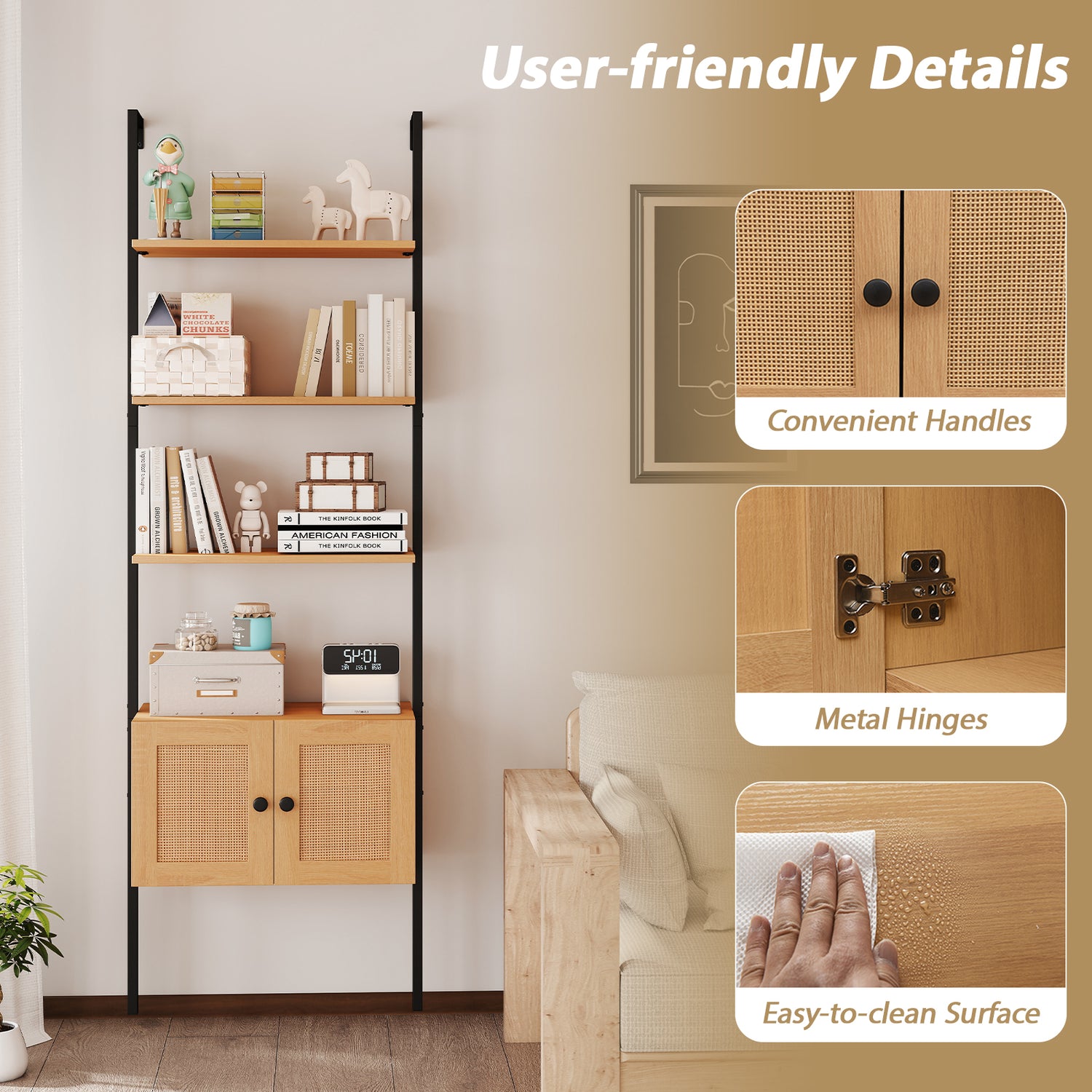 5-Tier Ladder Bookcase with Rattan Cabinet and Metal Frame-Natural
