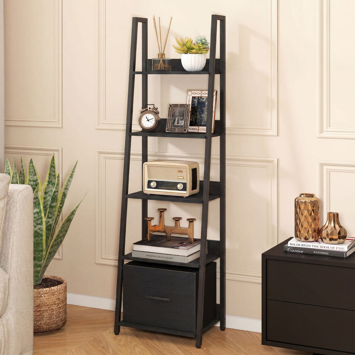 5-Tier Ladder Bookshelf with Fabric Drawer for Living Room and Home Office