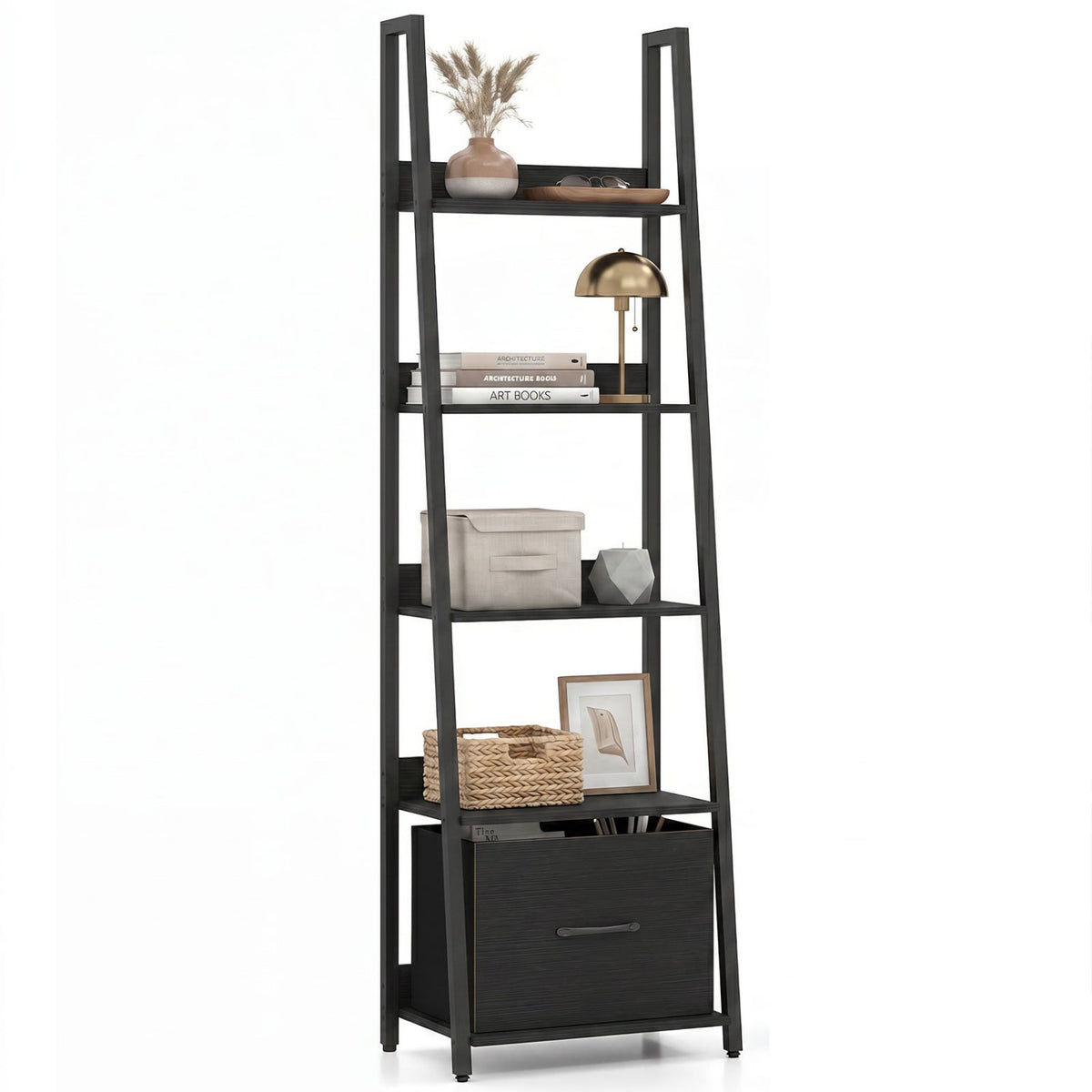 5-Tier Ladder Bookshelf with Fabric Drawer for Living Room and Home Office